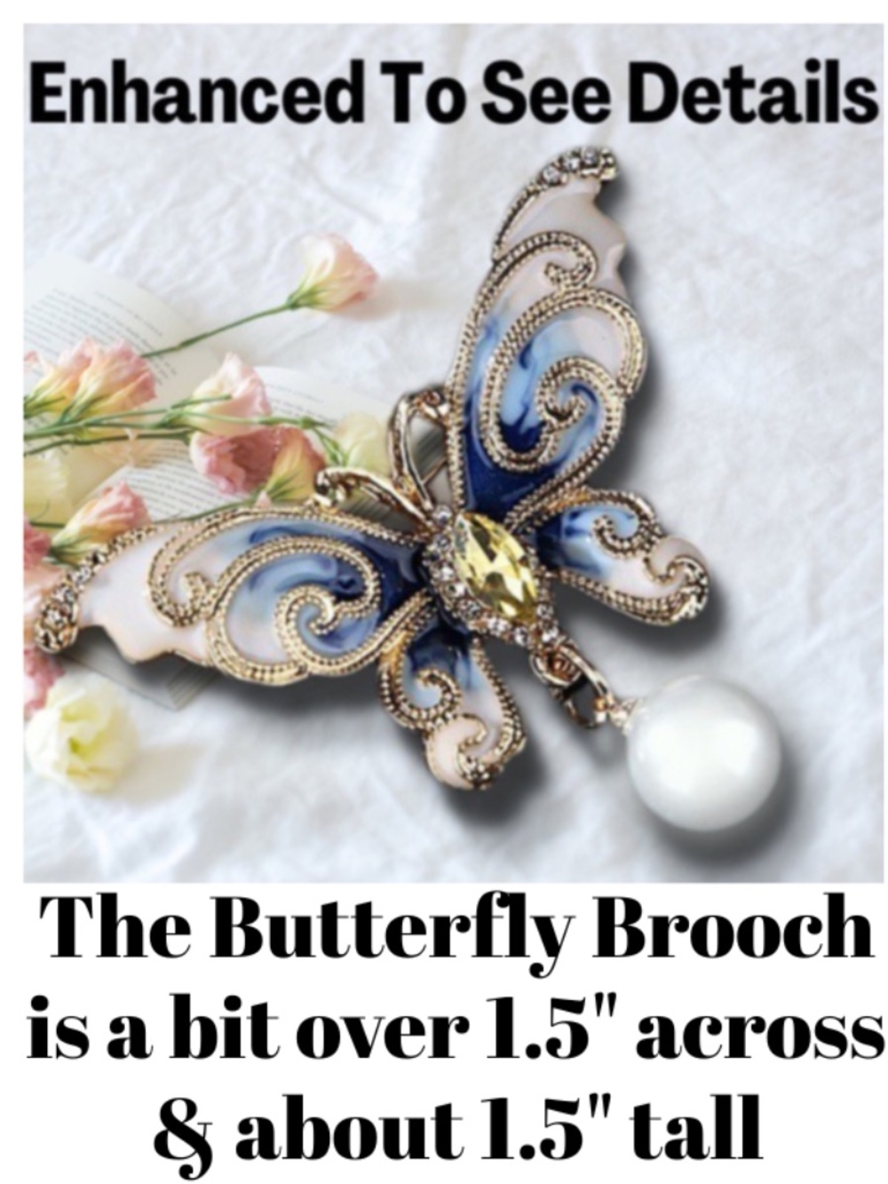 Blue Butterfly Brooch With Enamel, Crystals, Rhinestones, Faux Pearl - NWT